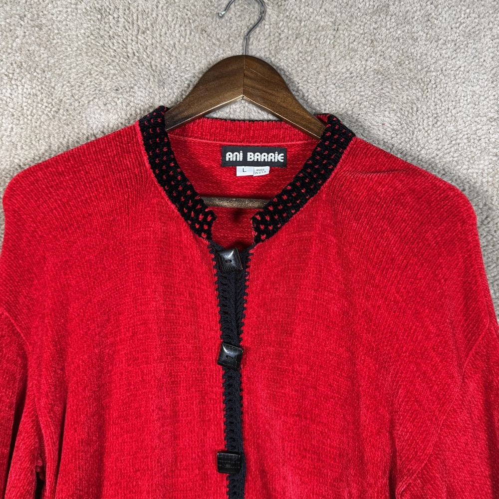 Vintage Ani Barrie Chenille Cardigan‎ Red Black Toggle Closure Made USA Large - Picture 2 of 10